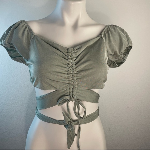 Fashion Nova Sage Green Ruched Cutout wrap Crop Top L - Picture 1 of 7